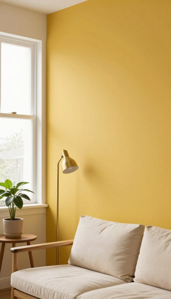 Turmeric yellow accent wall in a bright living room with wooden sofa and brass lamp