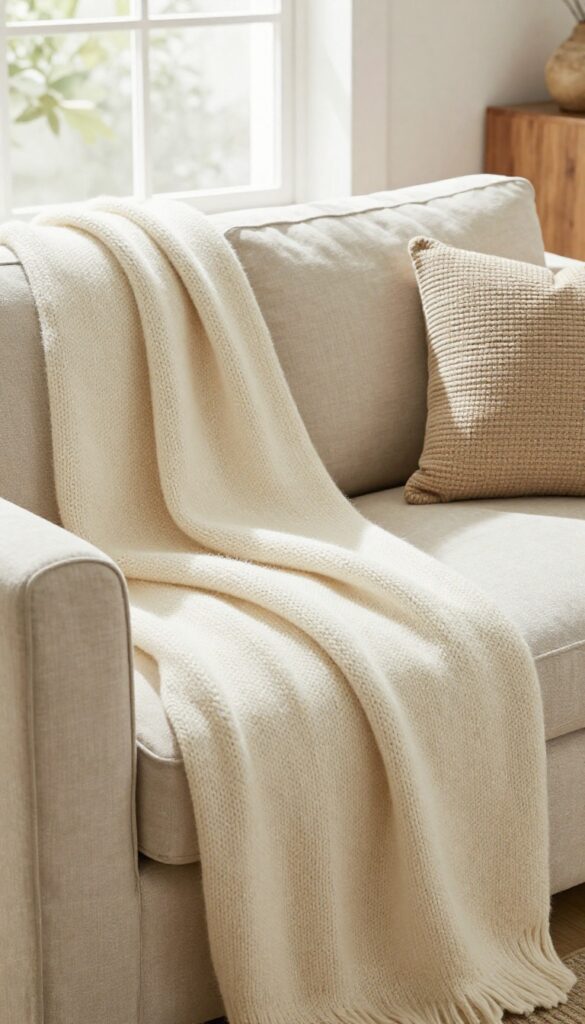 Chunky knit throw draped over sofa arm in cozy earthy living room