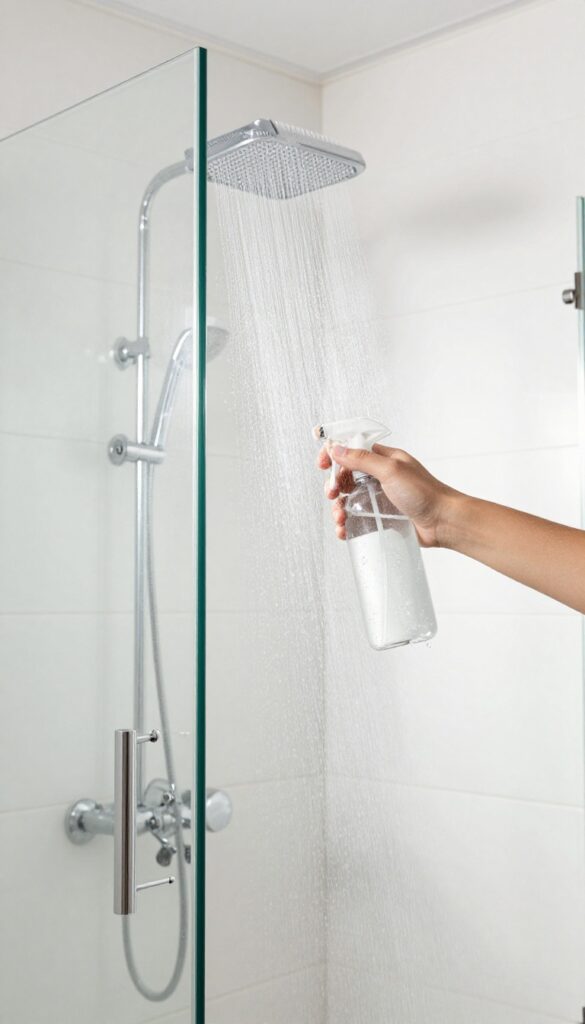 Final rinse with cold water spray bottle on shower glass