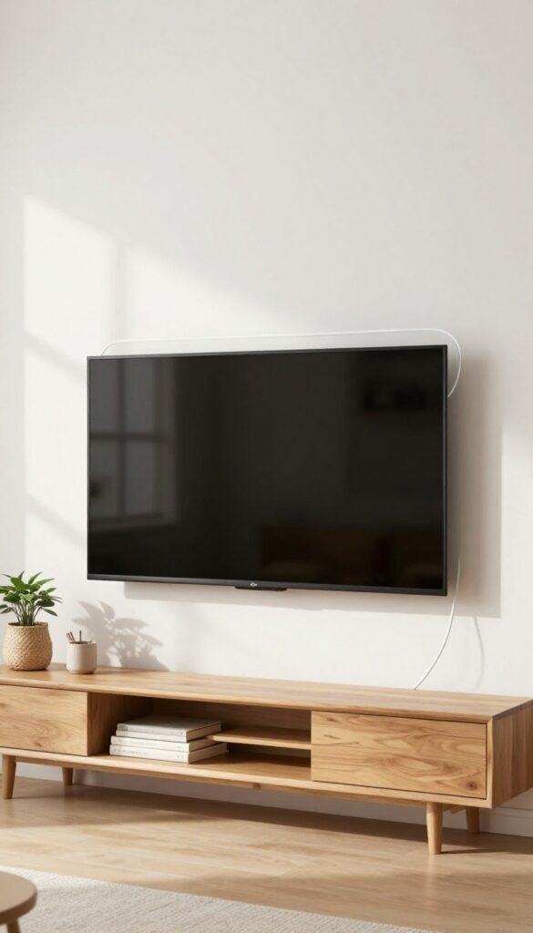 Close-up of a white cord cover blending into the wall, hiding TV cables for a clean, polished look.