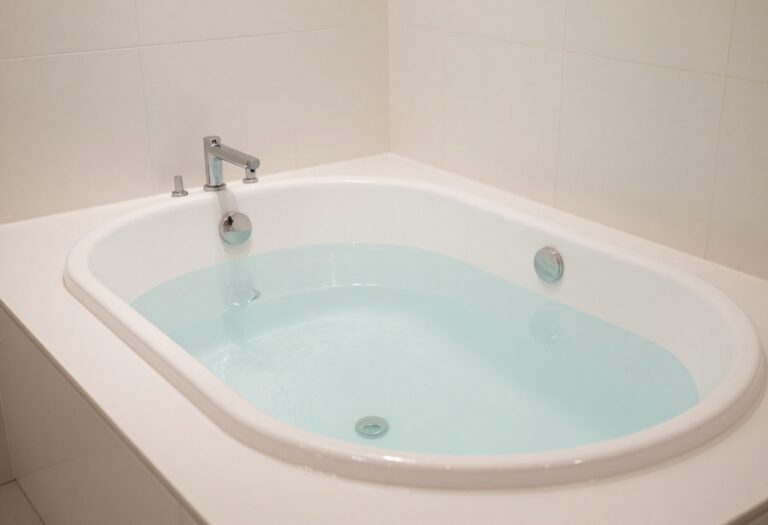 Clean jetted bathtub with clear water and soft lighting