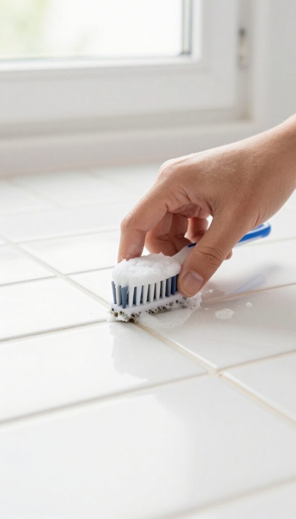 Hand scrubbing moldy shower grout with a toothbrush