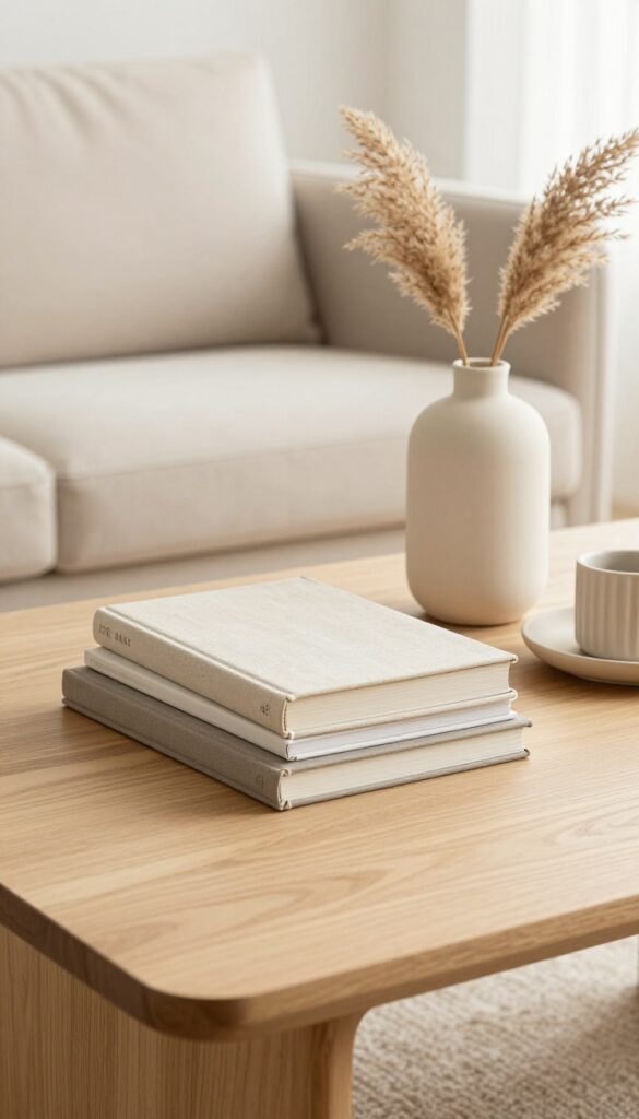 Neutral coffee table styling with books and ceramic objects beside a beige sofa