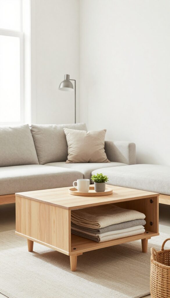 Modern mobile home living room with multipurpose furniture including a storage ottoman coffee table and a sofa with pull-out bed