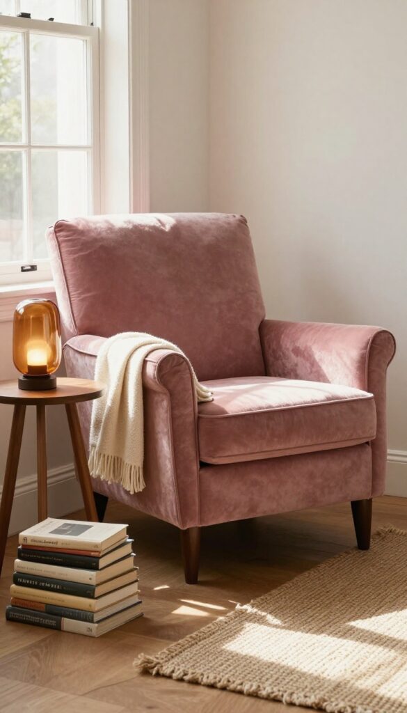 Cozy reading nook with velvet armchair, side table, lamp, books, and throw blanket by window