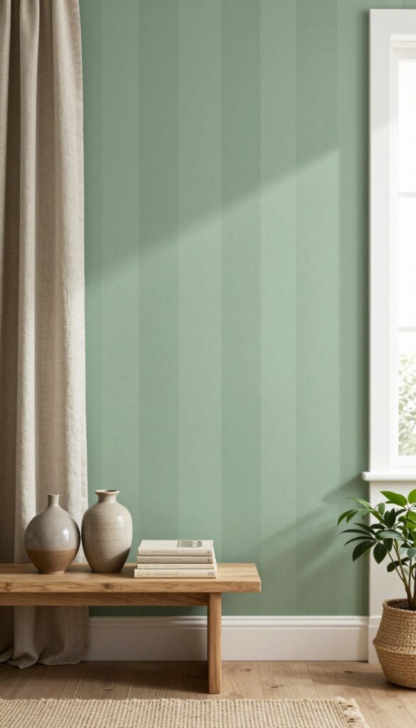 Striped accent wall in sage and moss green with console table and ceramic vases in a cozy living room.