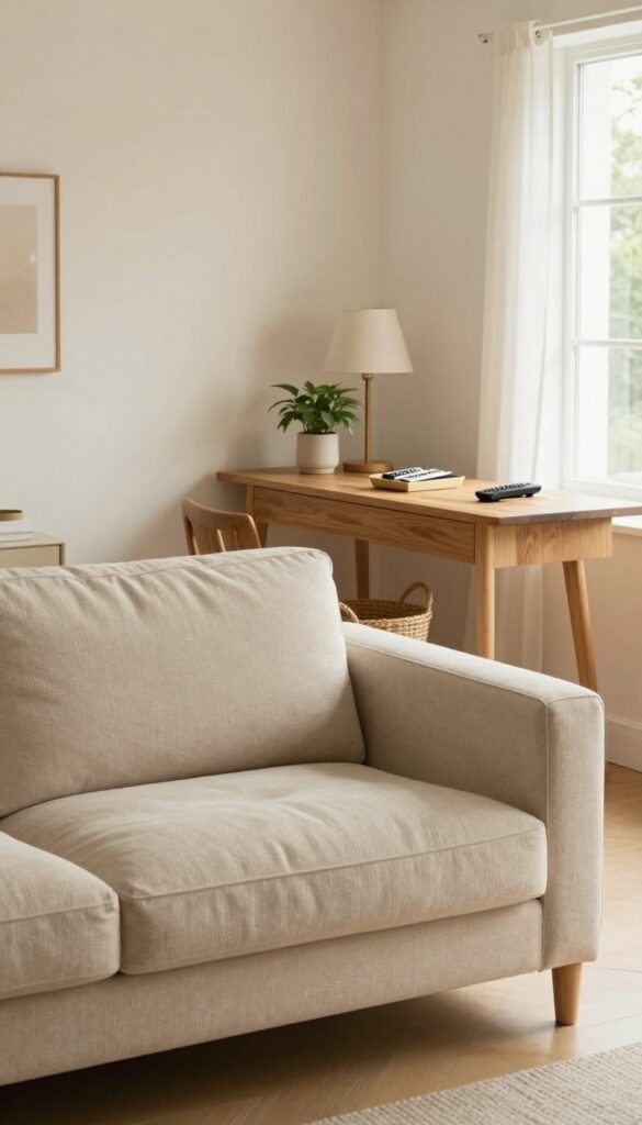 Sofa-backed desk in open living room with console table, lamp, plant, and basket