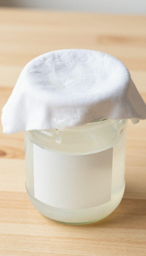 White vinegar soaked cloth on a glass jar removing sticky label residue