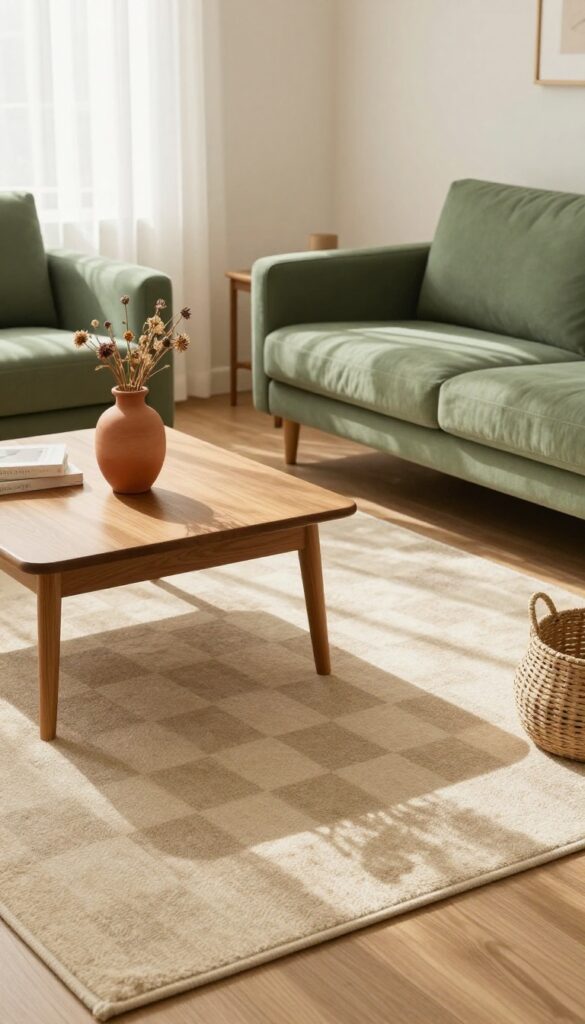 Cozy living room with checkerboard linoleum floor, plush rug, sage green sofa, and natural light