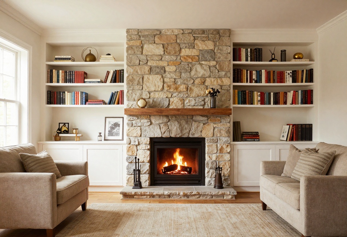 Cozy living room with stone fireplace and built-in bookshelves