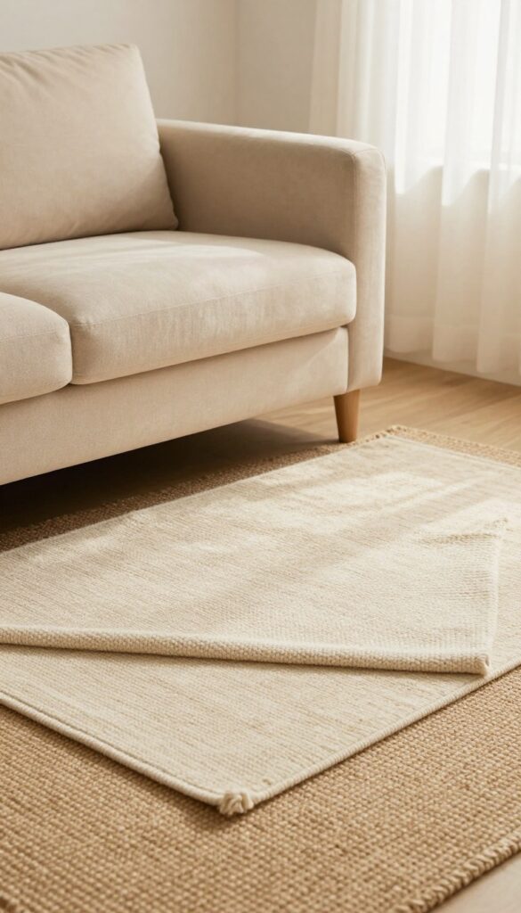 Close-up of a jute rug under a beige sofa in a warm, cozy living room