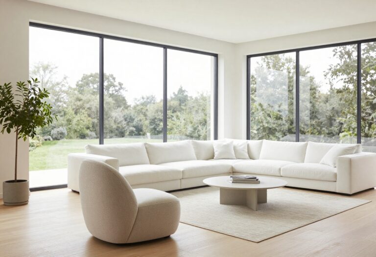 Modern living room with a sculptural accent chair and clean decor