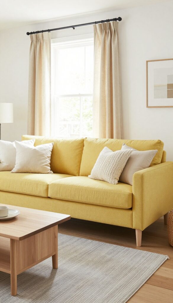 Light and airy living room with a yellow sofa paired with soft neutrals like white walls, beige curtains, gray rug, and off-white pillows.