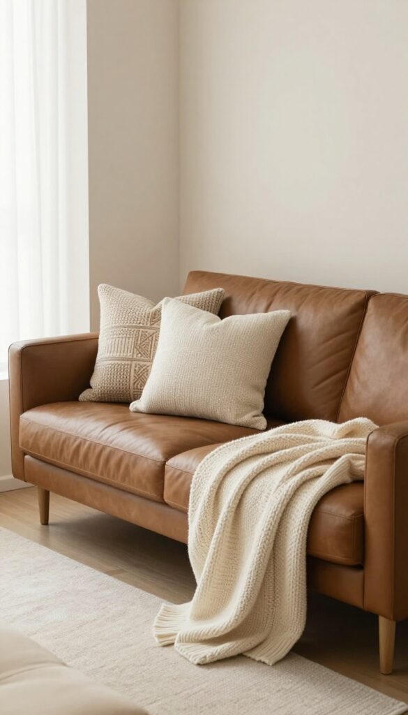 Small living room with brown couch, cream and beige textiles, natural light, cozy and airy