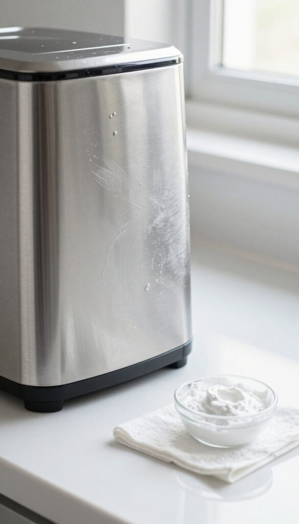 Polishing stainless steel appliance with baking soda paste and microfiber cloth, showing shiny reflection and clean surface.