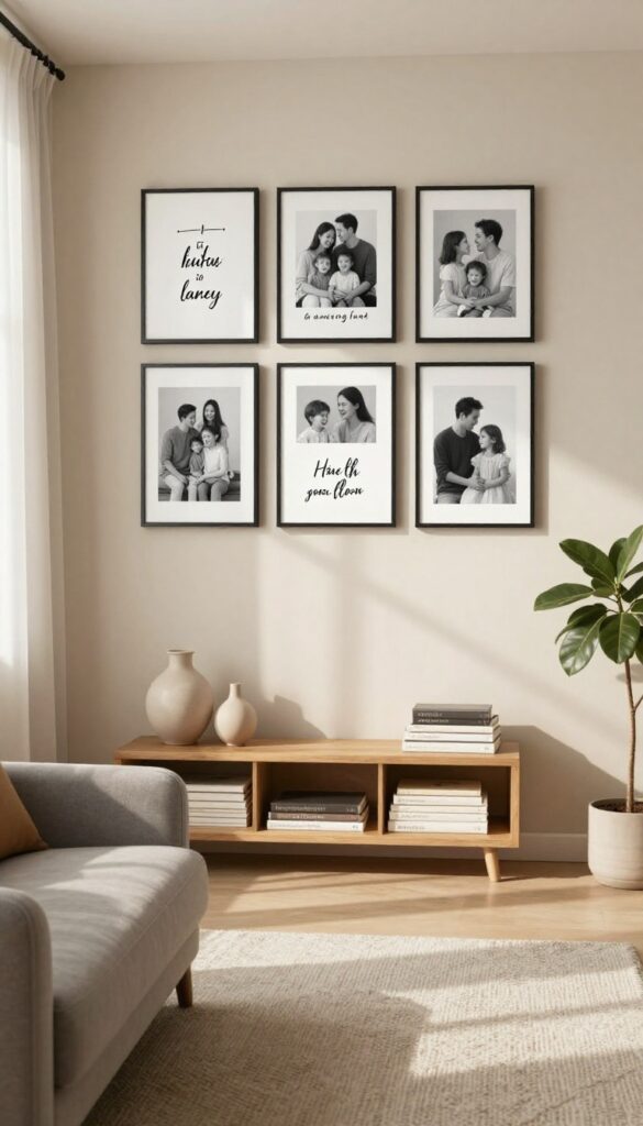 Cozy living room picture wall with black-and-white photos and inspirational quote prints in black frames, small shelf with decor objects, soft natural light.