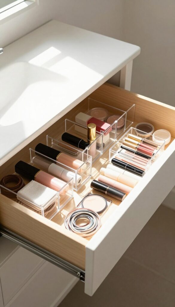 Open bathroom vanity drawer with organized makeup and toiletries in clear organizers, soft natural light