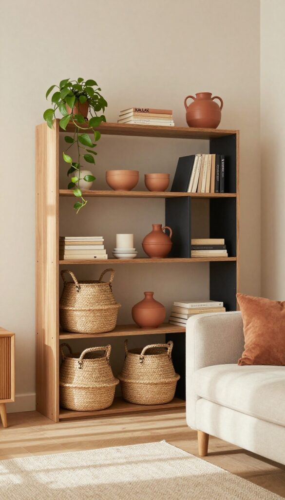 Cozy living room with KALLAX shelf unit styled with baskets and greenery as room divider
