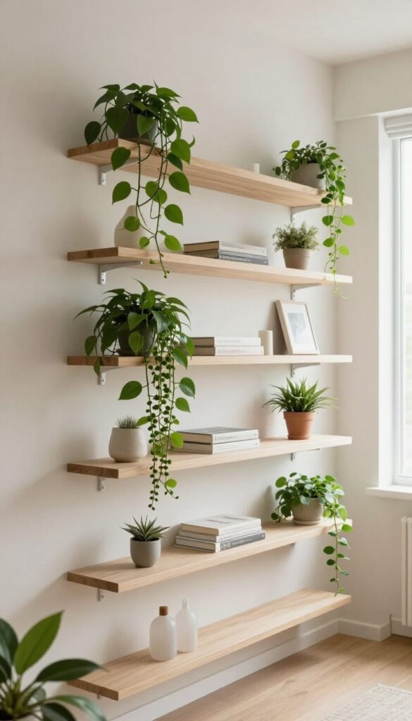 Floating shelf divider with trailing plants in a bright living room