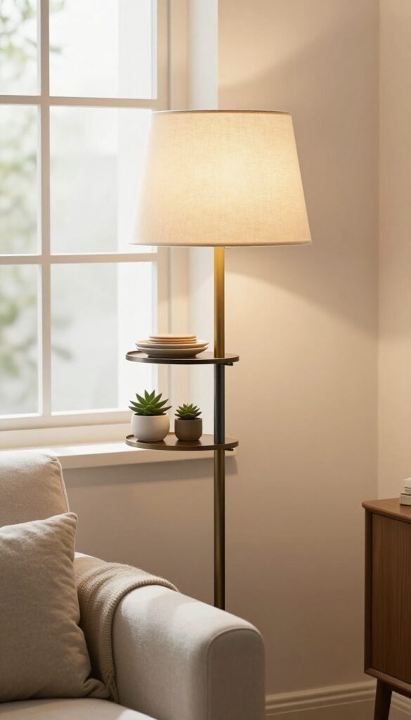 A floor lamp with built-in shelves in a cozy living room corner