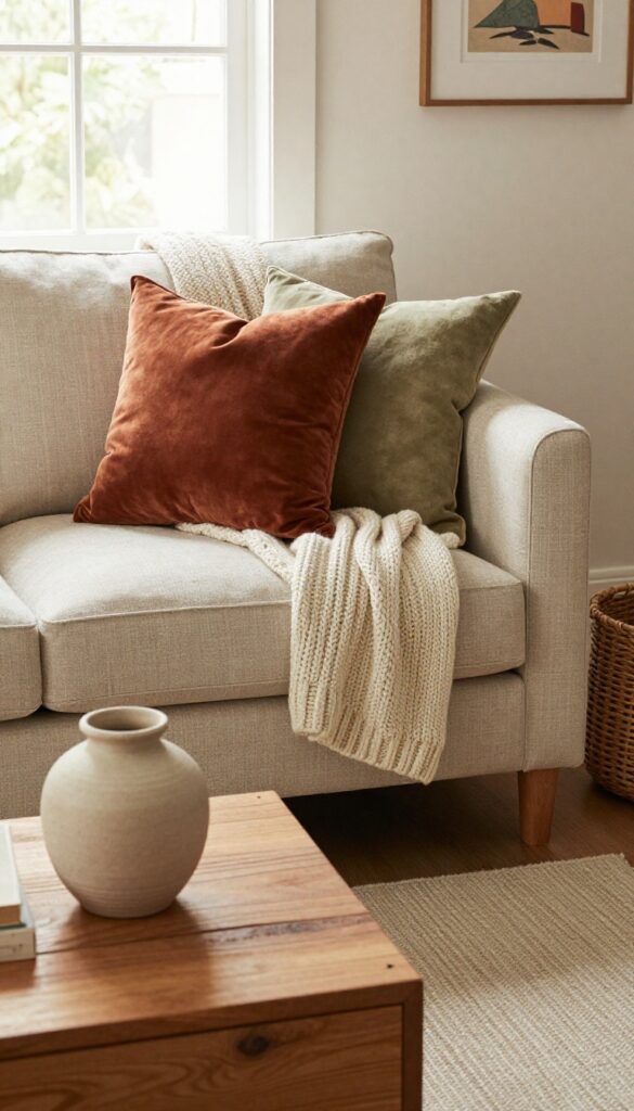 Cozy living room with textured throws and pillows on a neutral sofa, wooden coffee table, and ceramic vase