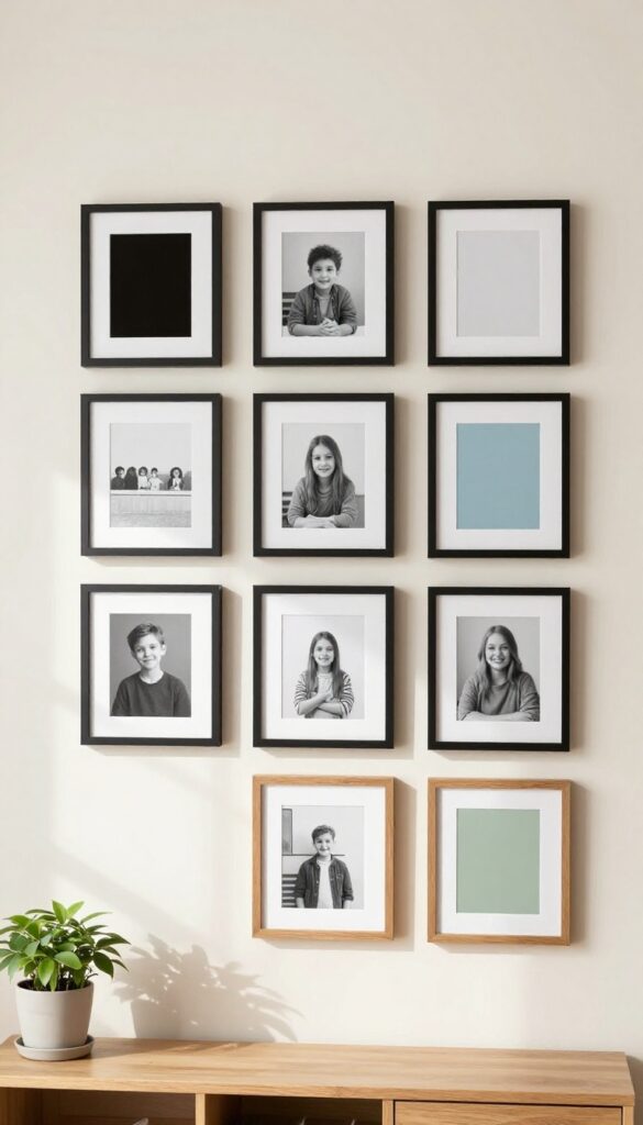 A grid of framed personal photographs on a living room wall, with matching frames and varied mats, creating a polished focal point.