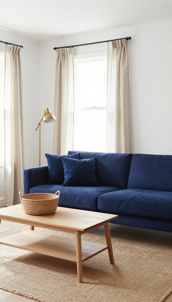 Small living room with navy blue sofa, white walls, beige linen curtains, jute rug, and natural light