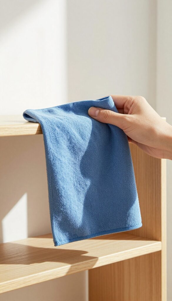 Hand dusting a wooden shelf with a blue microfiber cloth in bright natural light