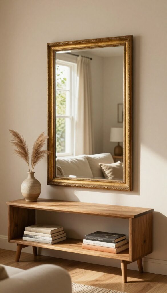 A large vintage mirror leaning against a wall in a cozy living room, reflecting a window with greenery, with a console table and warm decor.