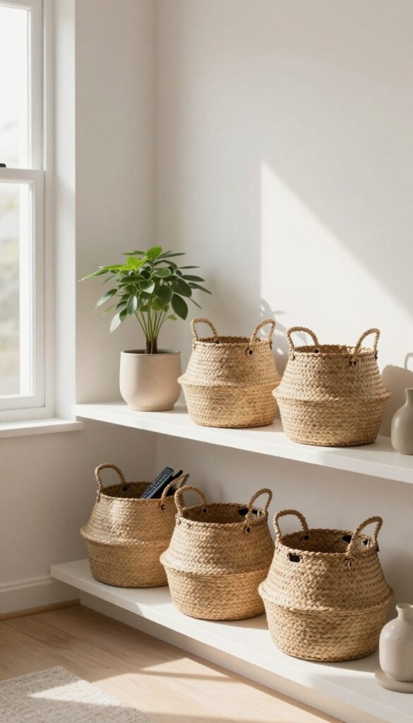 Corner shelves with woven baskets hiding clutter in a modern living room