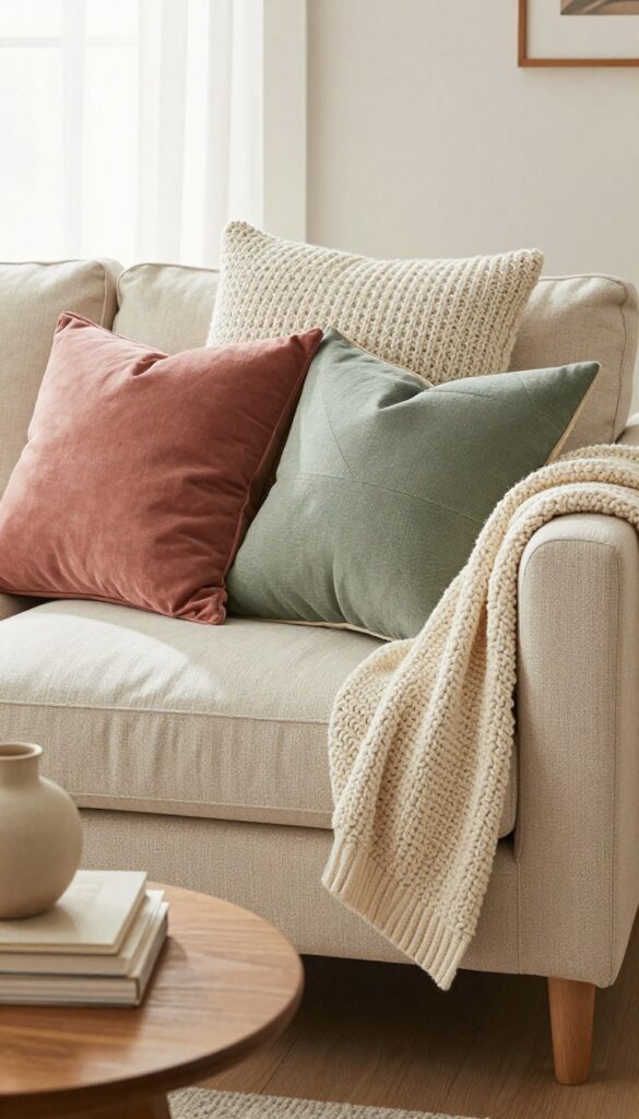 Cozy living room sofa with layered throw pillows and a chunky knit blanket in warm neutrals and soft accent colors.