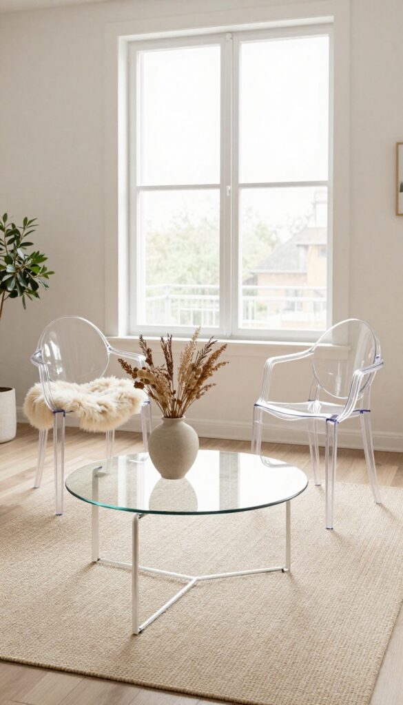 Small living room with transparent glass coffee table and acrylic chairs, creating an airy and spacious feel.