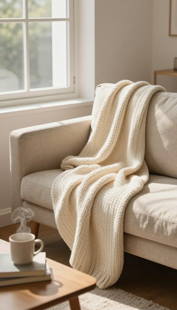 Cozy living room with chunky knit throw blanket draped over sofa arm, warm natural light, inviting atmosphere