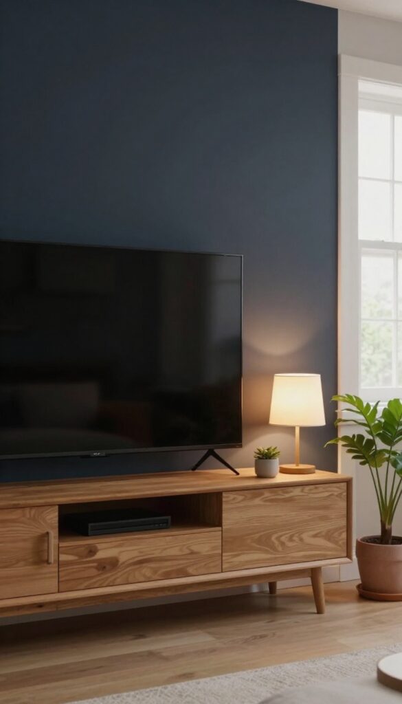 Living room corner with dark navy accent wall behind TV, warm lighting, and natural decor.