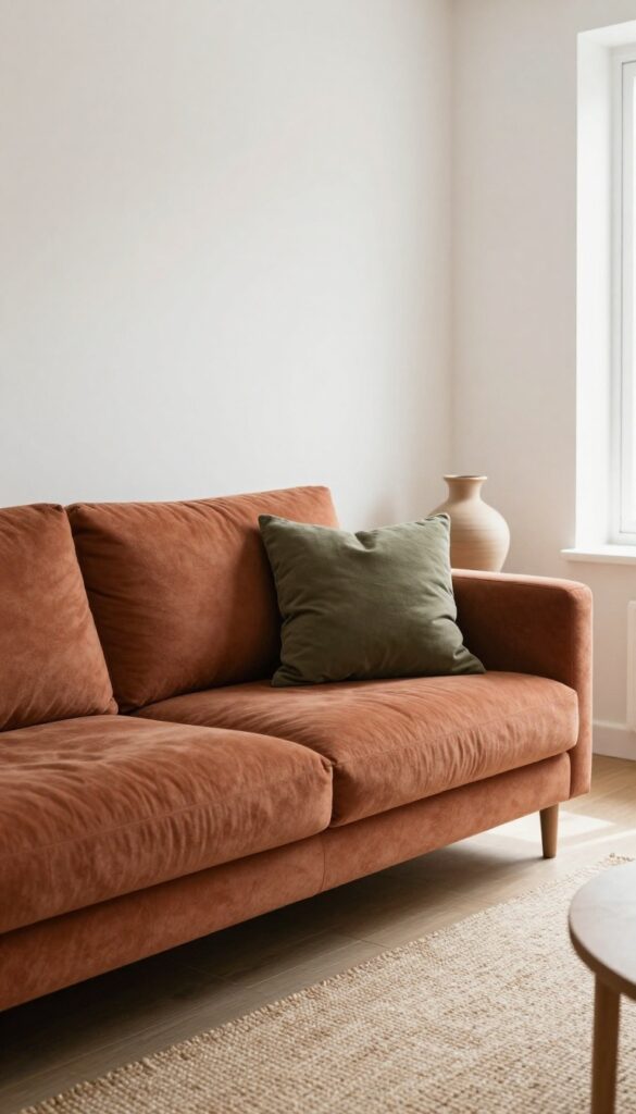 Rust sofa living room with olive green and terracotta accents, jute rug, warm white walls, natural light