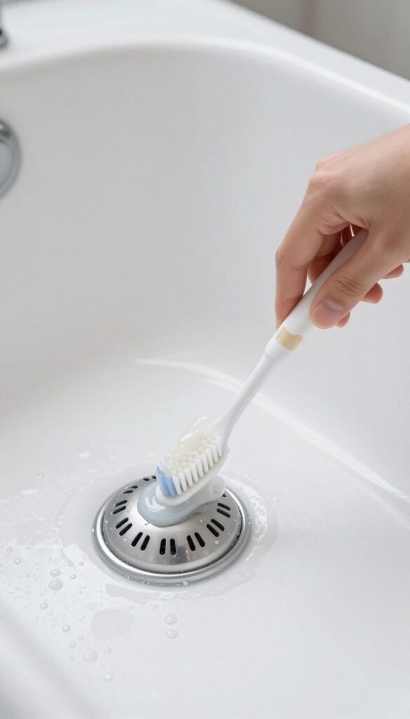 Hand scrubbing a jetted bathtub jet with a toothbrush dipped in vinegar