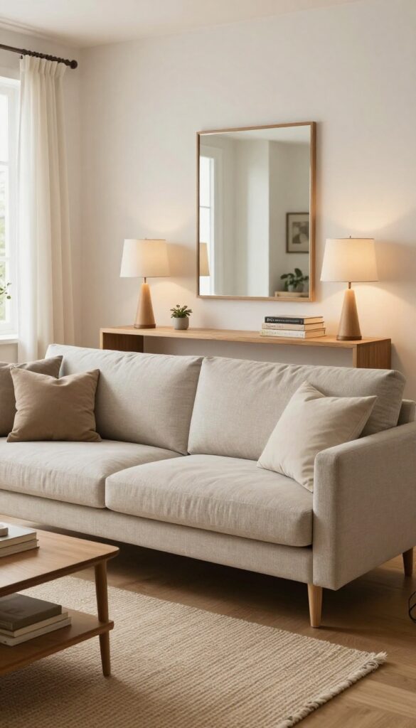 Rectangular living room with sofa and console table behind it, lamps and decor on console, mirror above, natural light