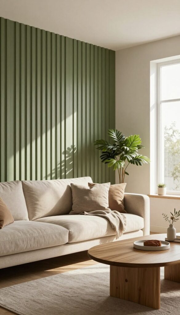 Cozy modern living room with olive green wood slat accent wall, beige sofa, floor lamp, and plant in natural light.