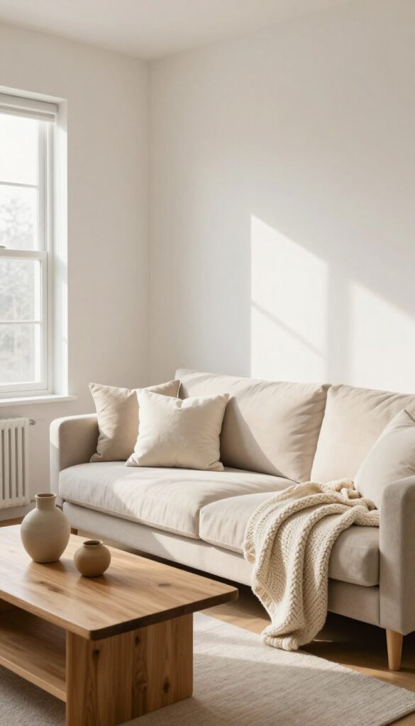 Cozy living room with warm off-white accent wall, beige sofa, and natural light