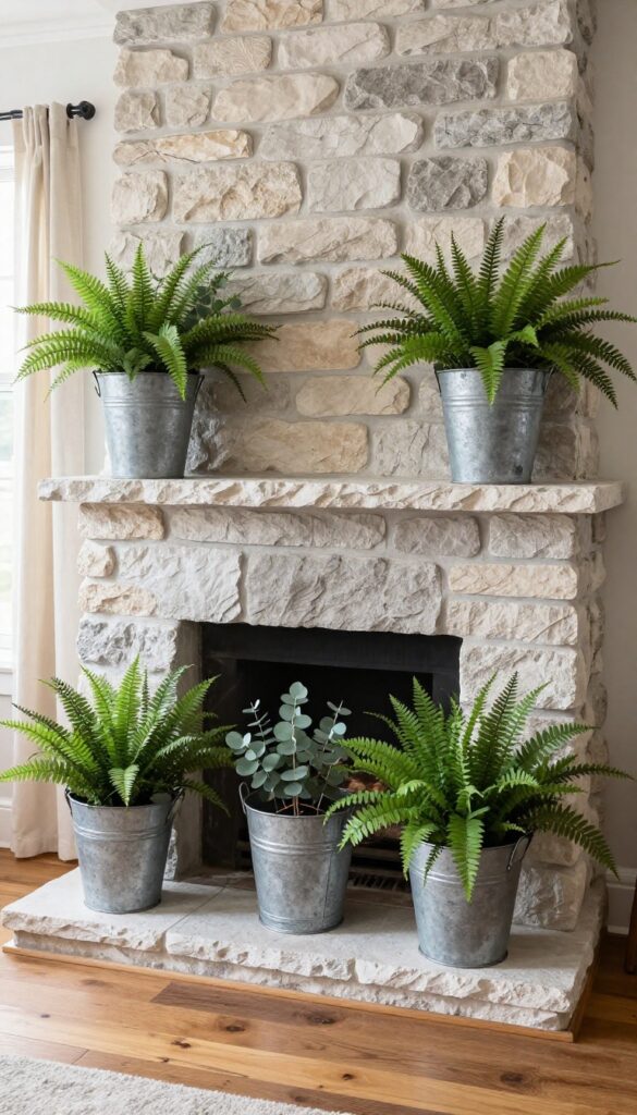 Three galvanized metal buckets with faux greenery on a stone hearth in a rustic living room