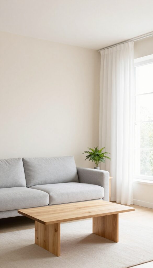 Minimalist living room with negative space, bare light beige wall, pale grey sofa floating away from wall, simple coffee table, natural light from window, no clutter.