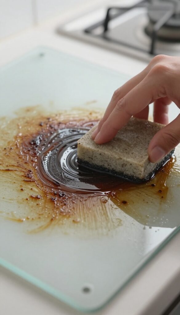 Hand using a wet pumice stone to clean burnt-on grease from a glass cooktop