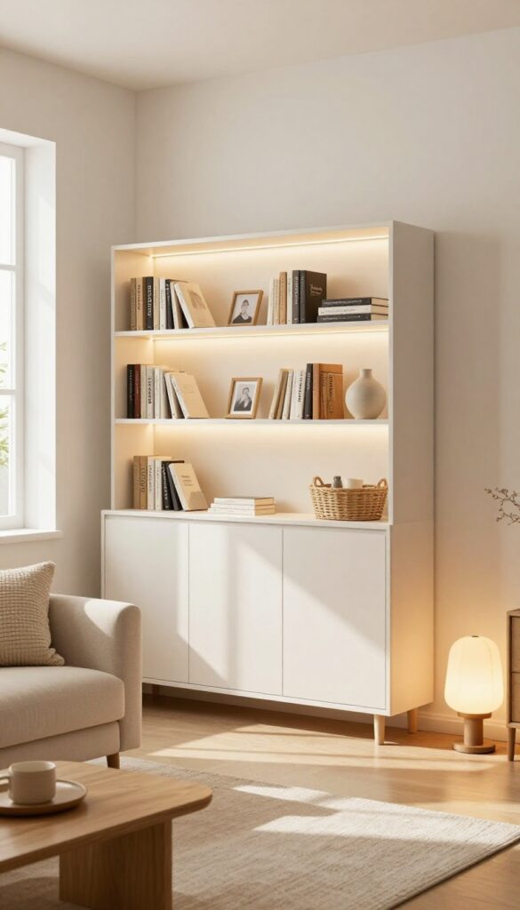 Cozy living room with a built-in look BESTA cabinet system featuring closed lower storage and open shelves with warm decor and LED lighting.