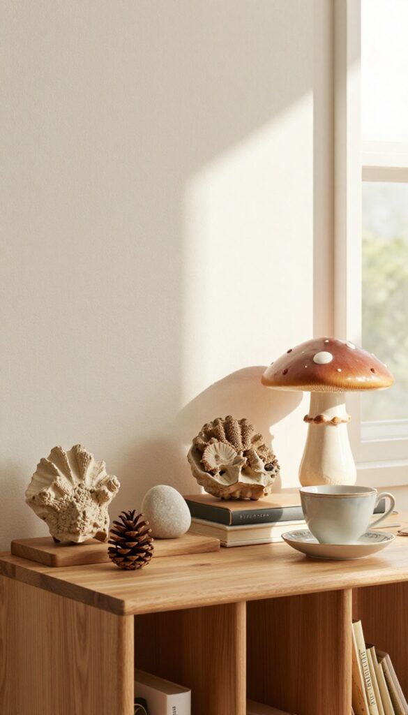 A cozy living room shelf with personal knick-knacks like fossils, shells, and figurines, styled with varying heights and warm wood tones.