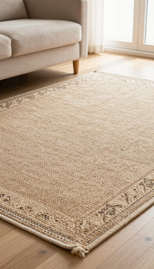 Layered rugs on a living room floor with a neutral jute base and a patterned kilim top rug, sofa legs resting on top, warm natural light.