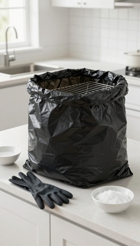 Oven rack inside a trash bag with ammonia bowl and gloves on kitchen counter