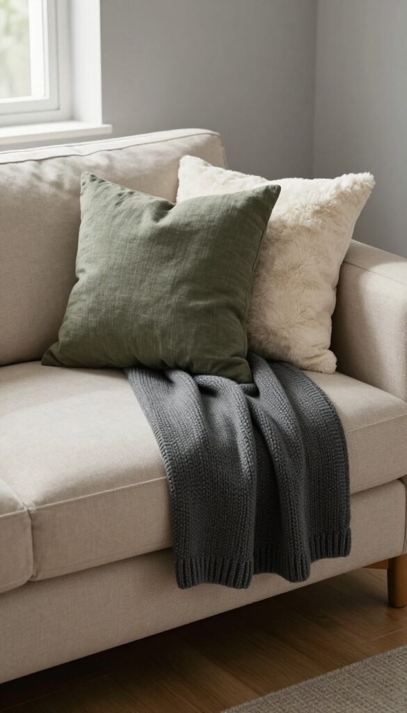 Cozy throws and pillows in muted tones on a beige sofa