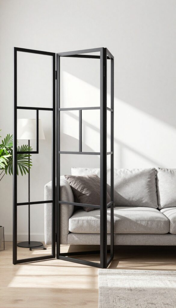 Geometric room divider screen in a bright living room, casting light-filtering shadows