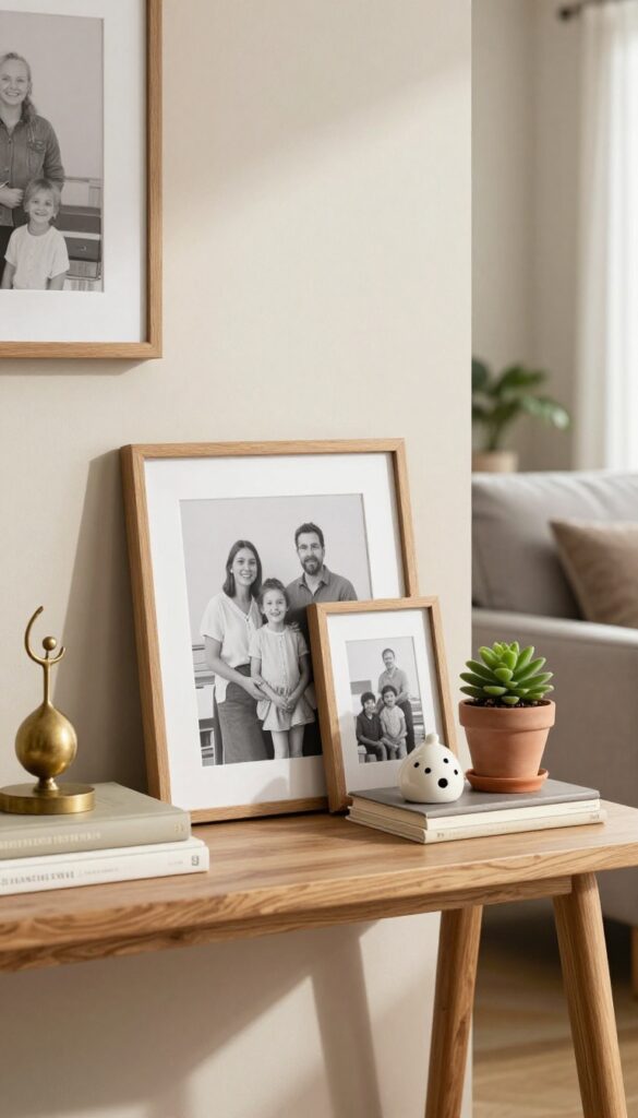 Cozy living room console table with personal decor items in warm tones.