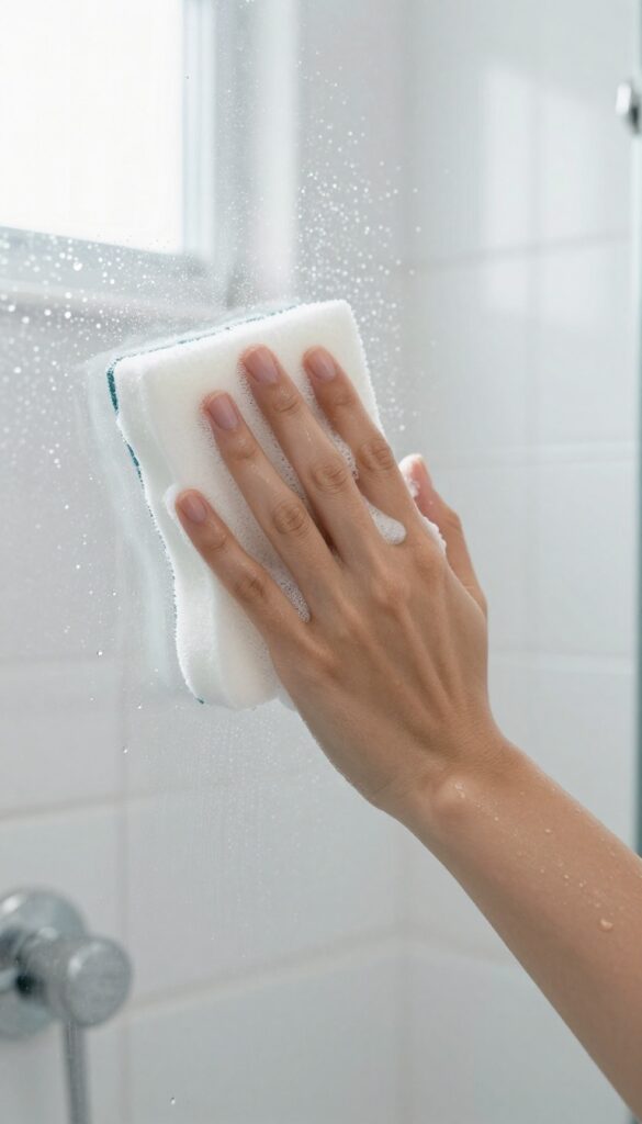 Hand cleaning a glass shower door with a white magic eraser sponge, removing soap scum and water stains, bright natural light.